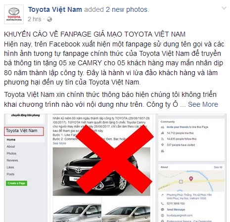 Toyota cảnh báo fanpage giả mạo trên Facebook 
